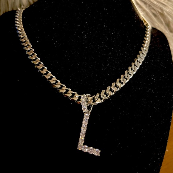 FASHION JEWELRY SILVER LETTER NECKLACE WOMEN STAINLESS STEEL RHINESTONE PENDANT - Picture 4 of 10